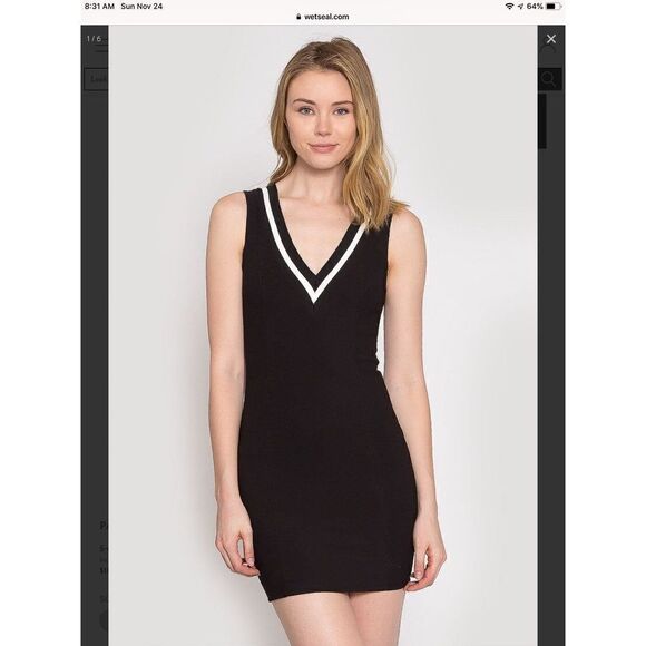 New~Black & White V Neck Mini Dress Sz Large - Picture 6 of 8